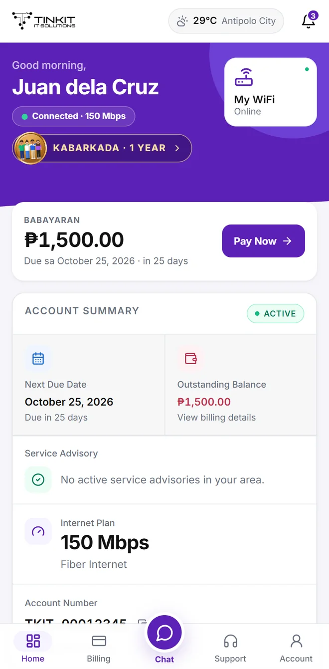 The same E-Portal on an iPhone: good morning, Juan dela Cruz, connected at 150 Mbps, ₱1,500 due October 25, and the Home, Billing, Chat, Support and Account tabs.